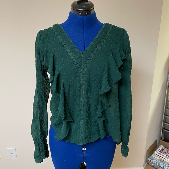 Zara Tops - Green Zara V-Kneck Ruffle Long Sleeve Blouse